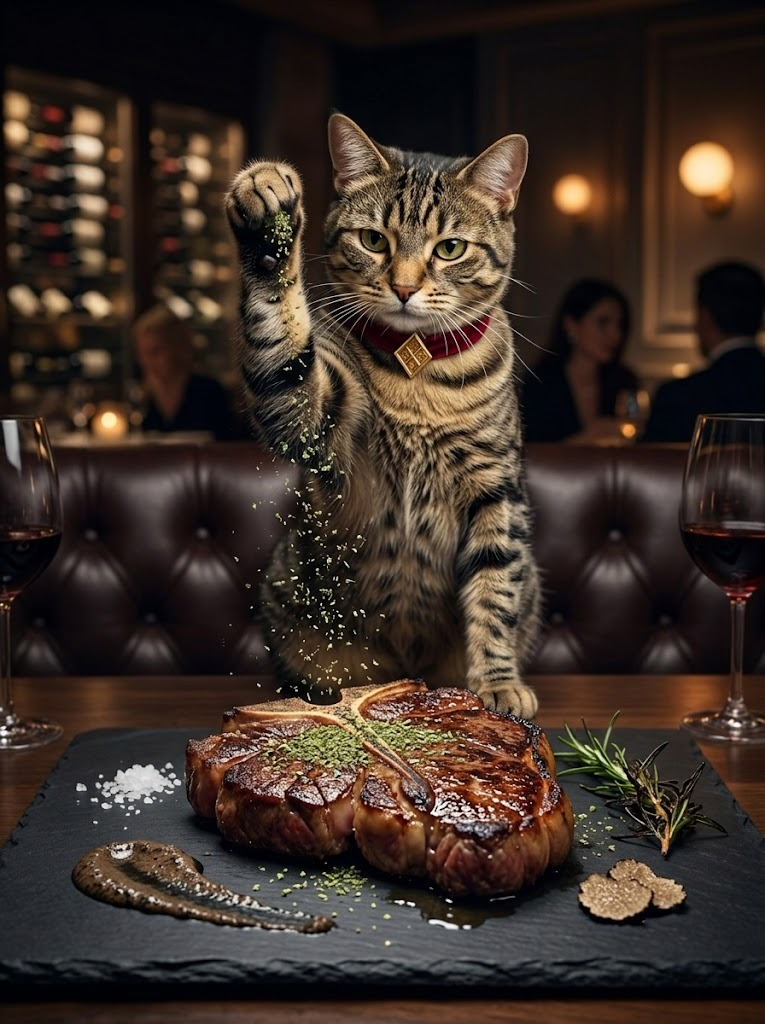 Cat salting a steak, restaurant style